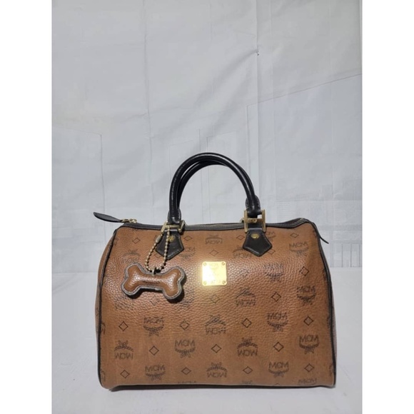 Authentic MCM Visetos Dog Bone Boston Bag Brown - Picture 8 of 12
